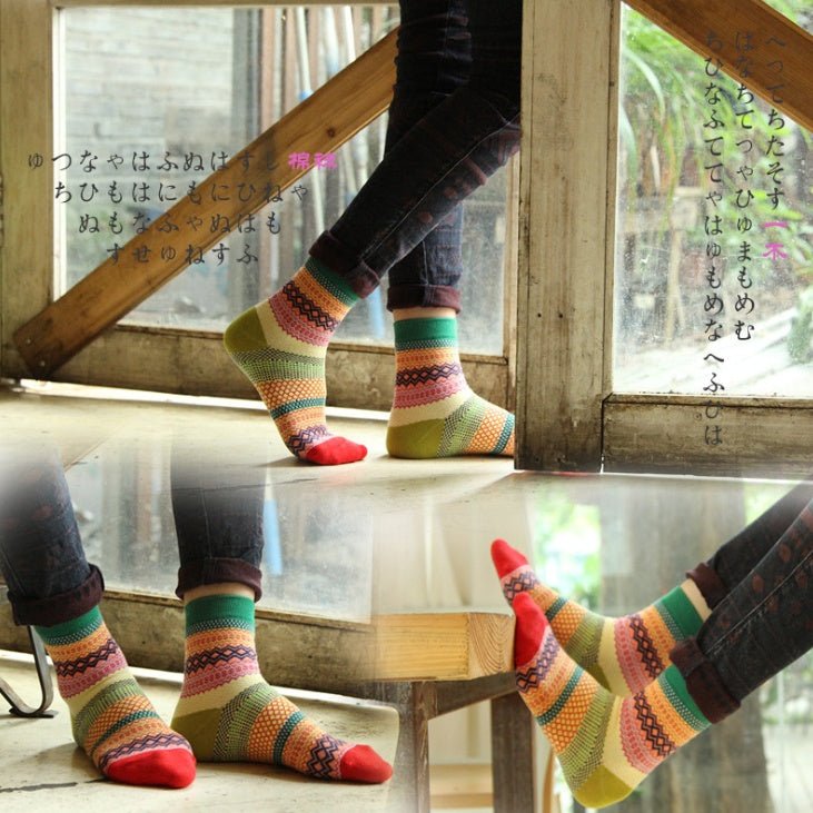 Vintage ethnic wind tube female socks horizontal strip double road socks cotton socks socks - Soxipix