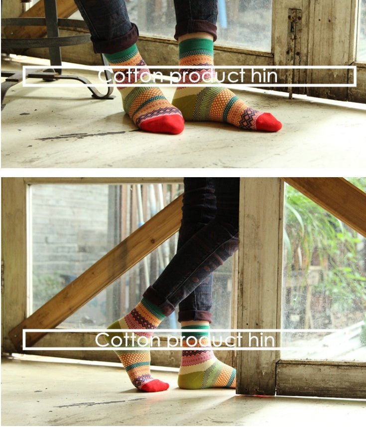 Vintage ethnic wind tube female socks horizontal strip double road socks cotton socks socks - Soxipix