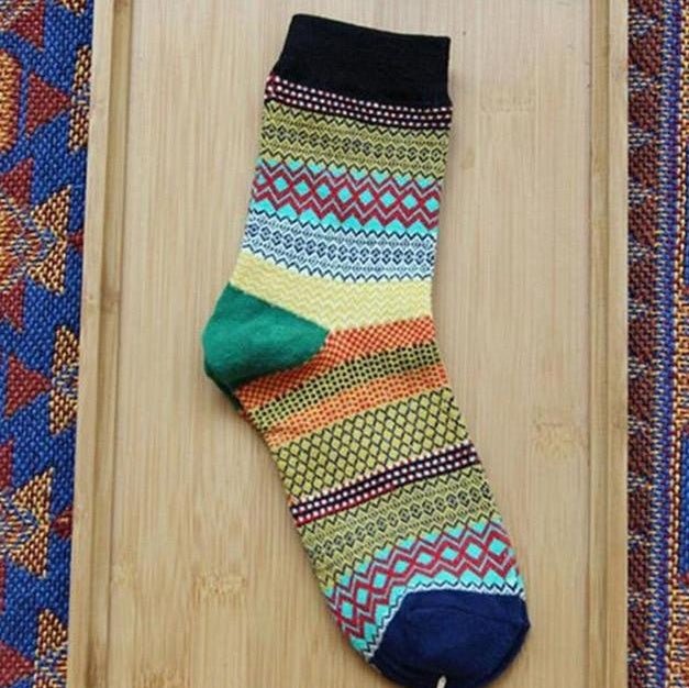 Vintage ethnic wind tube female socks horizontal strip double road socks cotton socks socks - Soxipix