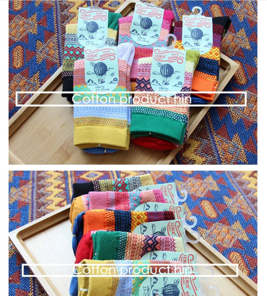 Vintage ethnic wind tube female socks horizontal strip double road socks cotton socks socks - Soxipix