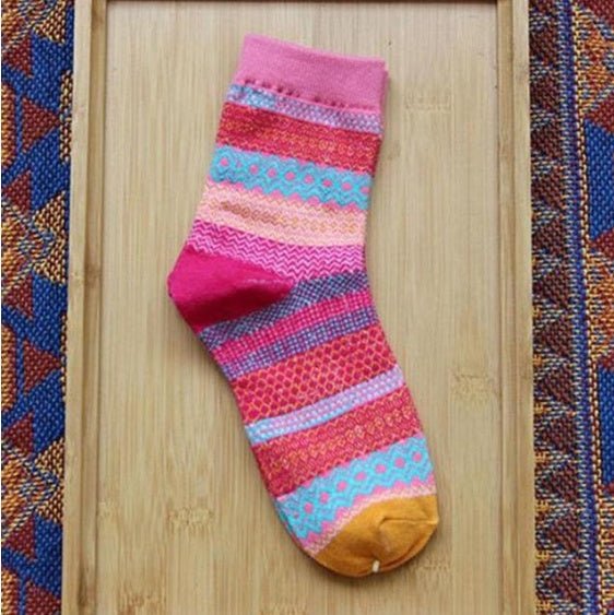 Vintage ethnic wind tube female socks horizontal strip double road socks cotton socks socks - Soxipix
