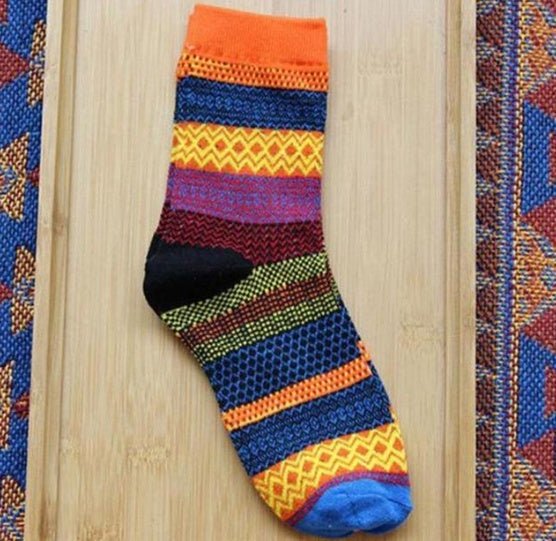 Vintage ethnic wind tube female socks horizontal strip double road socks cotton socks socks - Soxipix