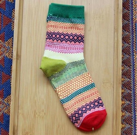 Vintage ethnic wind tube female socks horizontal strip double road socks cotton socks socks - Soxipix
