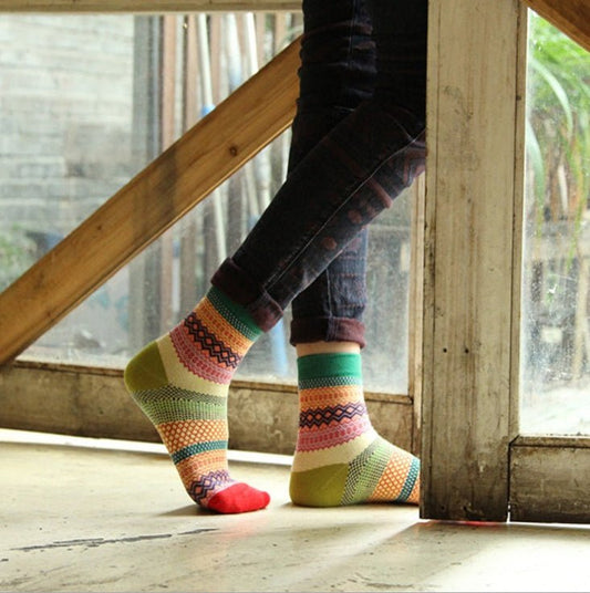 Vintage ethnic wind tube female socks horizontal strip double road socks cotton socks socks - Soxipix
