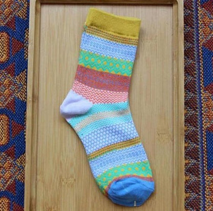 Vintage ethnic wind tube female socks horizontal strip double road socks cotton socks socks - Soxipix